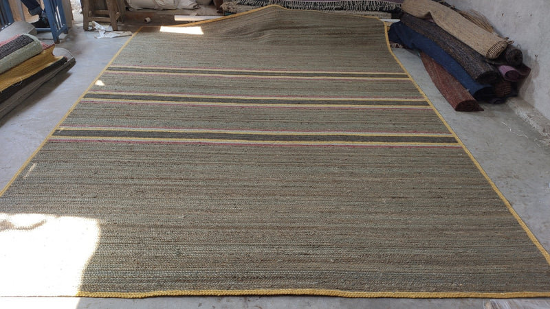 Maury Sline 9x12 Handwoven Grey and Yellow Striped Jute Rug | Banana Manor Rug Company